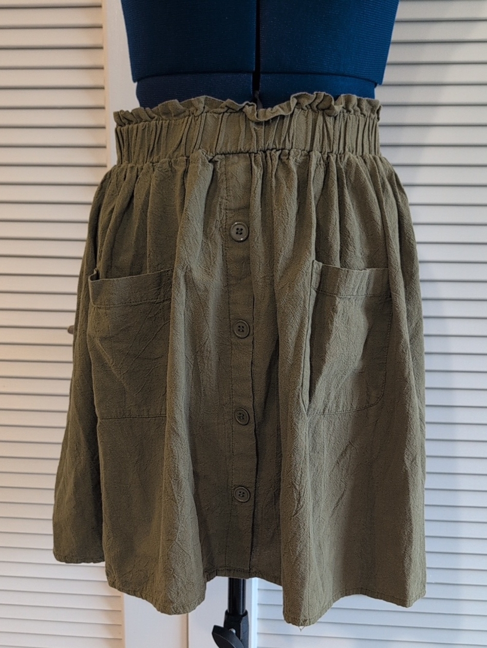 SHEIN Olive Green Button-Front A-Line Skirt with Smocked Waistband